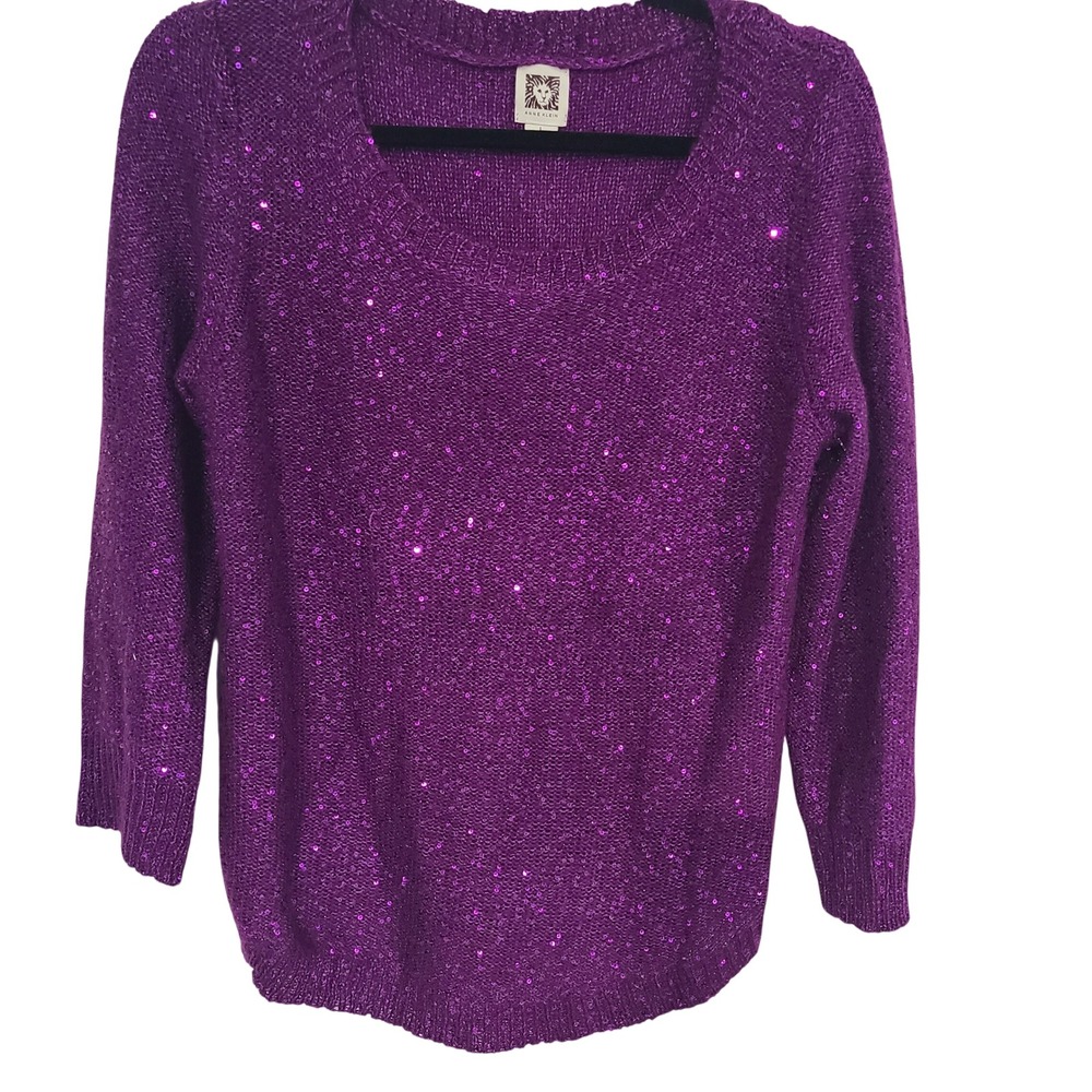 Anne Klein Purple Sequin Knit Pullover Sweater Women's Sparkly Top‎ Sz L